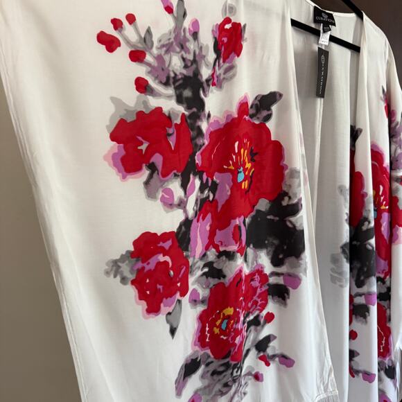 CURATIONS | Black Red and White Fringe Trimmed Kimono Swim cover up | 2x - 3X - Picture 4 of 6